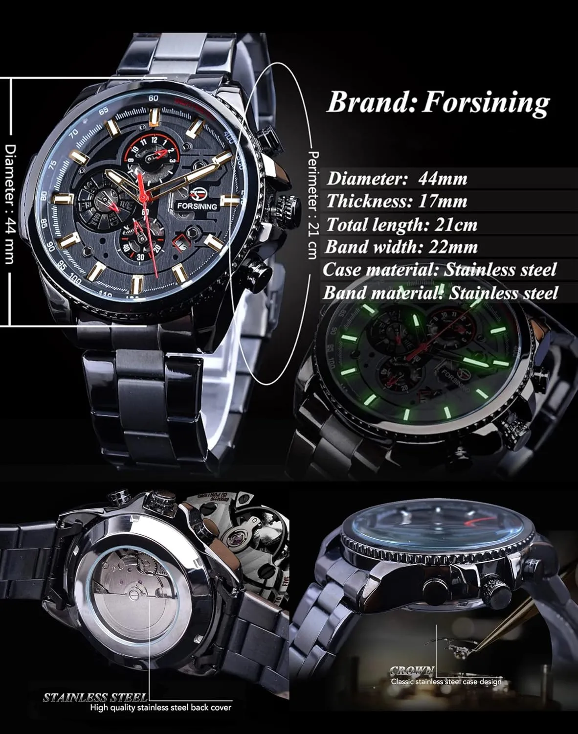 Luxury Stainless Steel Large Dial Wristwatch with Month Day Date Stopwatch Tachymeter Watches FORSINING Mens Multifunction panic miserable delta Self-Wind Watch Mechanical Automatic 