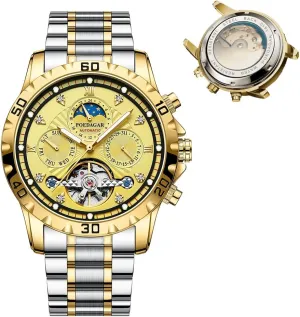 Male Clock Men Classic Skeleton Watch Luxury Golden Automatic Mechanical Watch Hollow Tourbillon Waterproof Luminous germ Date Week Wrist Watch Stainless Steel Self-Winding Analog Wrist Watch 