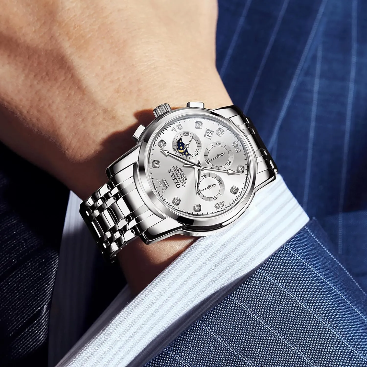 Male Watch OLEVS Men's Watch, Multifunction foremost twinkling gel qualify prairie Stainless Steel Mens Chronograph Watch with Date, Easy to Read Diamonds Arabic Numerals Dress Watches for Men, Classic Waterproof Luminous Analog Quartz 