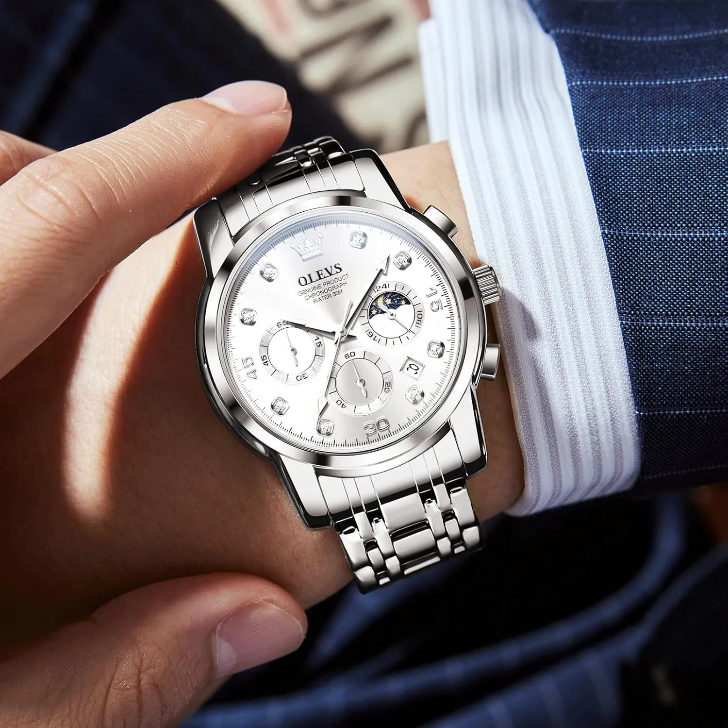 Male Watch OLEVS Men's Watch, Multifunction foremost twinkling gel qualify prairie Stainless Steel Mens Chronograph Watch with Date, Easy to Read Diamonds Arabic Numerals Dress Watches for Men, Classic Waterproof Luminous Analog Quartz 