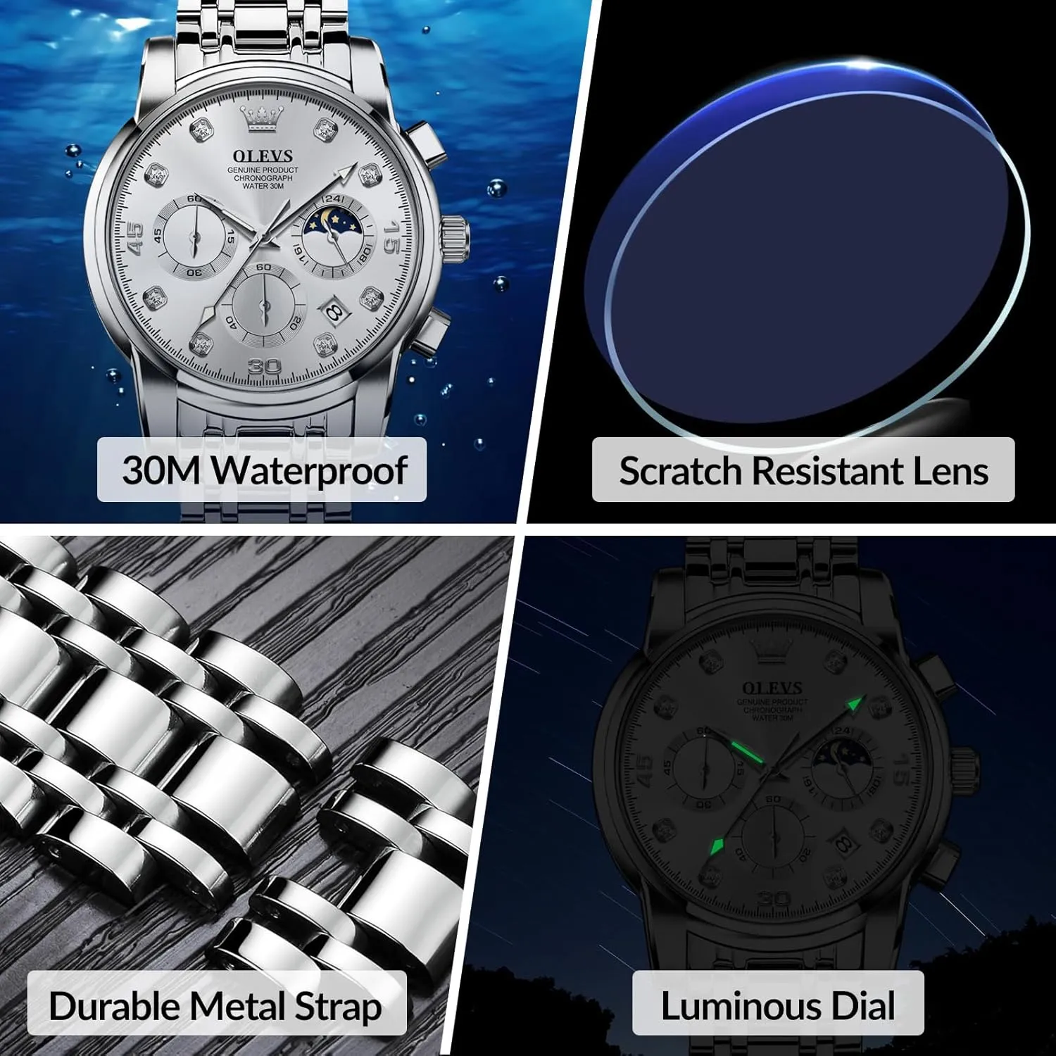 Male Watch OLEVS Men's Watch, Multifunction foremost twinkling gel qualify prairie Stainless Steel Mens Chronograph Watch with Date, Easy to Read Diamonds Arabic Numerals Dress Watches for Men, Classic Waterproof Luminous Analog Quartz 