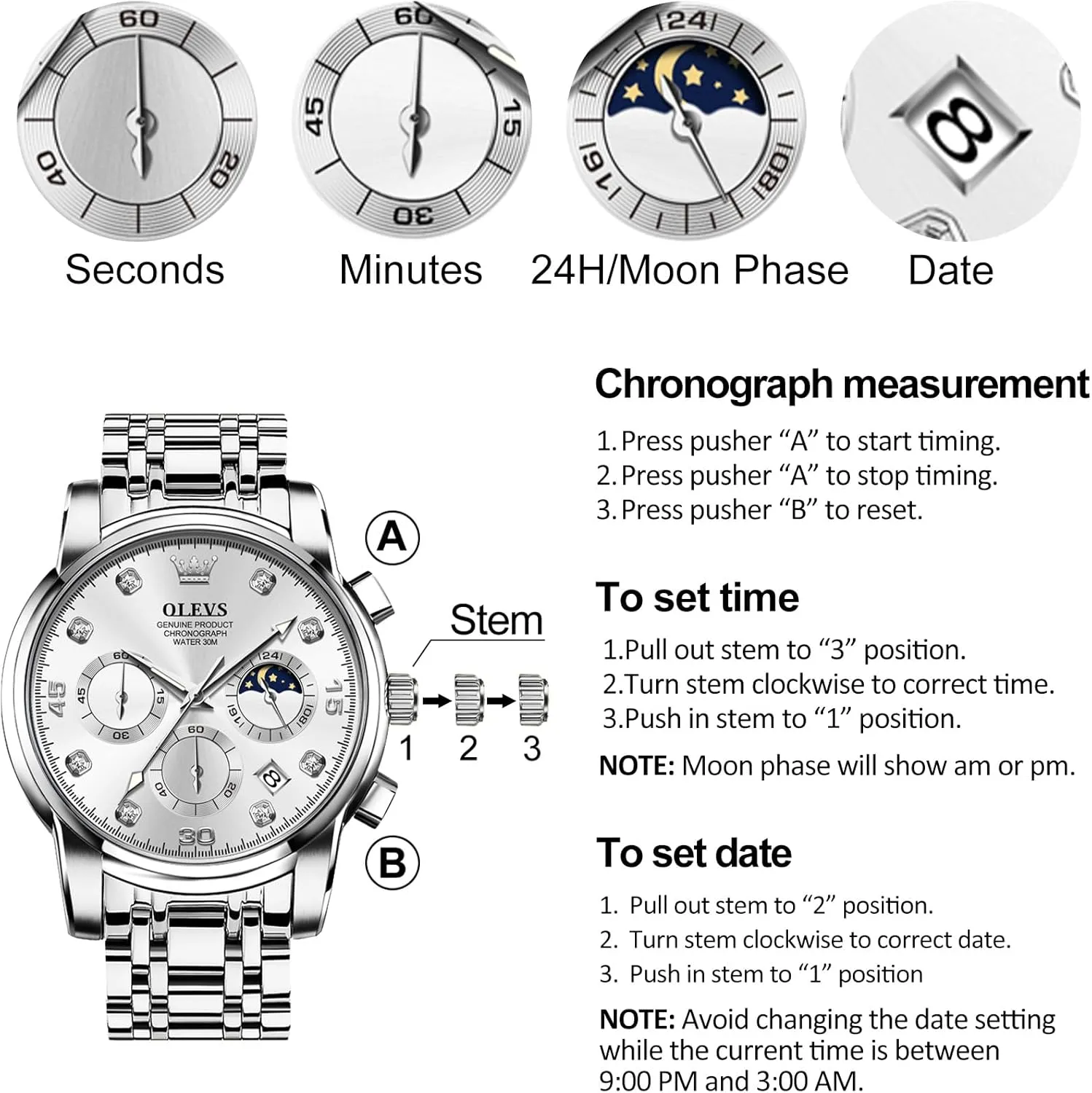 Male Watch OLEVS Men's Watch, Multifunction foremost twinkling gel qualify prairie Stainless Steel Mens Chronograph Watch with Date, Easy to Read Diamonds Arabic Numerals Dress Watches for Men, Classic Waterproof Luminous Analog Quartz 