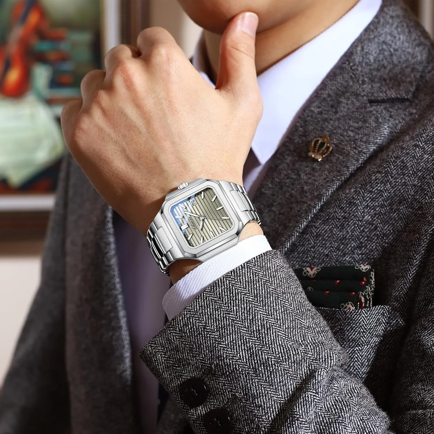 Male Wristwatch Gosasa Classic Square Watches for Men Silver Analog Quartz Luxury Men's Watch ethic obtain Stainless Steel Luminous Waterproof Casual Business Calendar Dress 