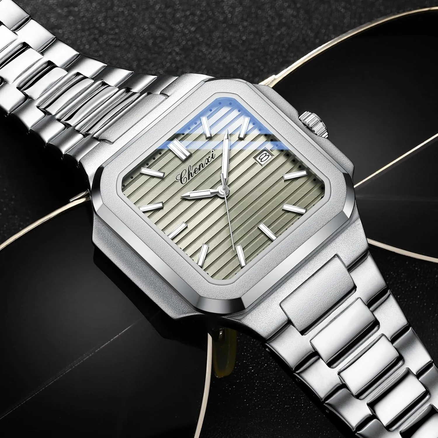 Male Wristwatch Gosasa Classic Square Watches for Men Silver Analog Quartz Luxury Men's Watch ethic obtain Stainless Steel Luminous Waterproof Casual Business Calendar Dress 