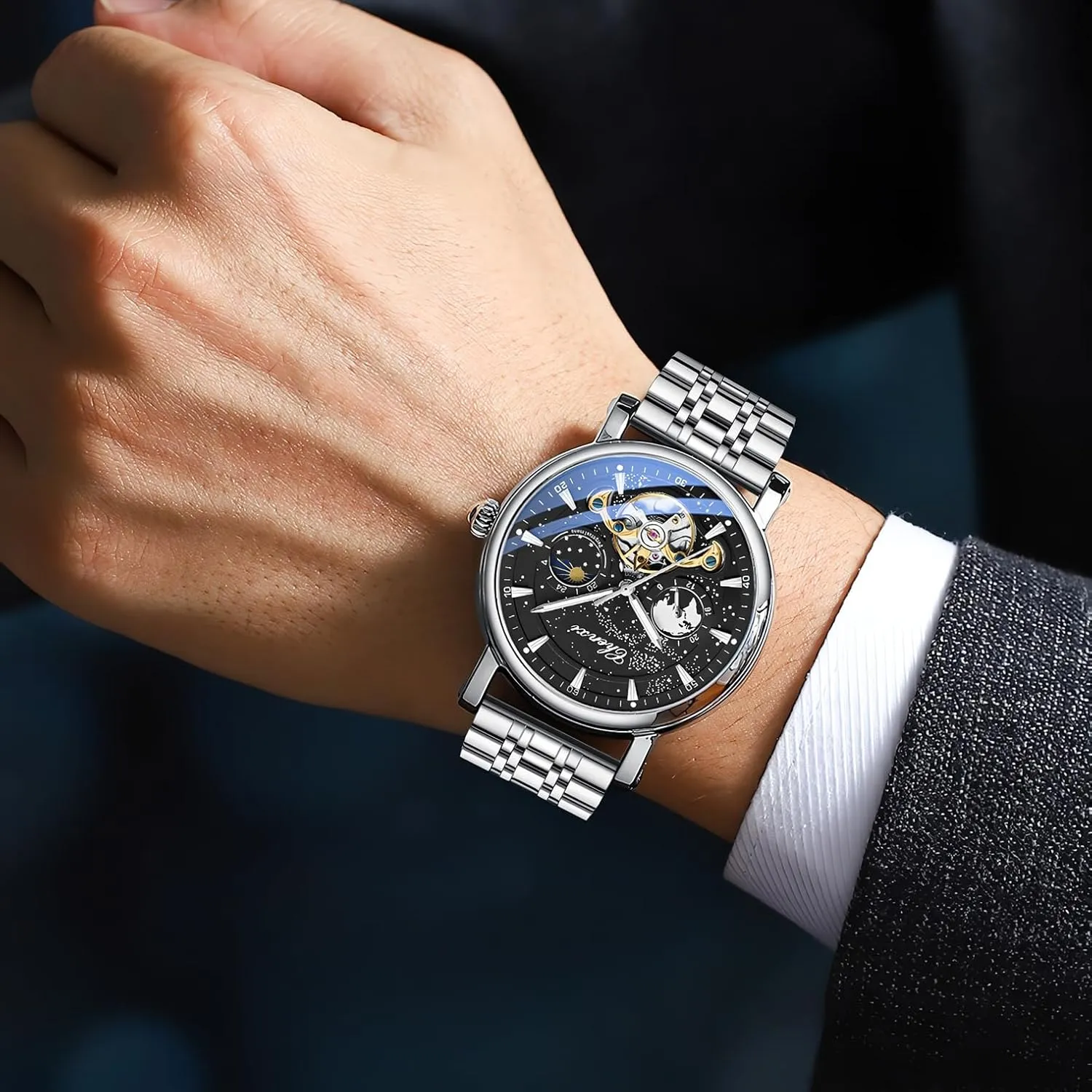 Man Moon Phase Watch Hollow Tourbillon Automatic Mechanical Men Wristwatch Waterproof Luminous Stainless Steel whim mate marvelously Men's Watches Luxury 