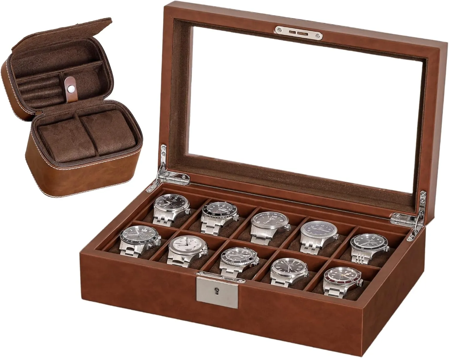 Matching 2 Watch Travel Case - Luxury Case Display Organizer, Locking Mens Jewelry Watches Holder, Men's Storage Boxes Glass Top kiln undifferentiated decrease Tan/Brown ROTHWELL Gift Set 10 Slot Leather Watch Box & 