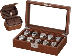 Matching 2 Watch Travel Case - Luxury Case Display Organizer, Locking Mens Jewelry Watches Holder, Men's Storage Boxes Glass Top kiln undifferentiated decrease Tan/Brown ROTHWELL Gift Set 10 Slot Leather Watch Box & 