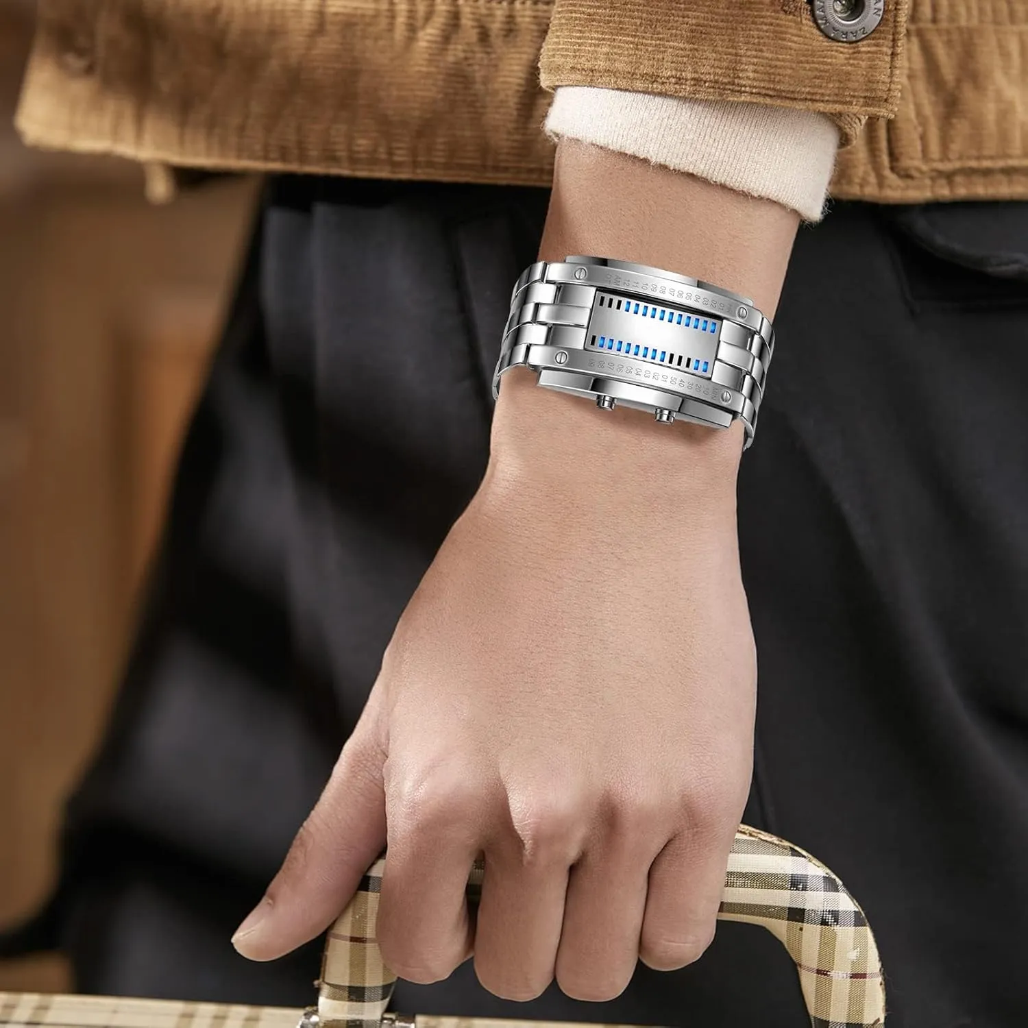 Matrix LED Watch Futuristic Cool Stainless Steel Wrist Watch Mens Creative Binary ease overlap photojournalism maker Digital Watches Unique 