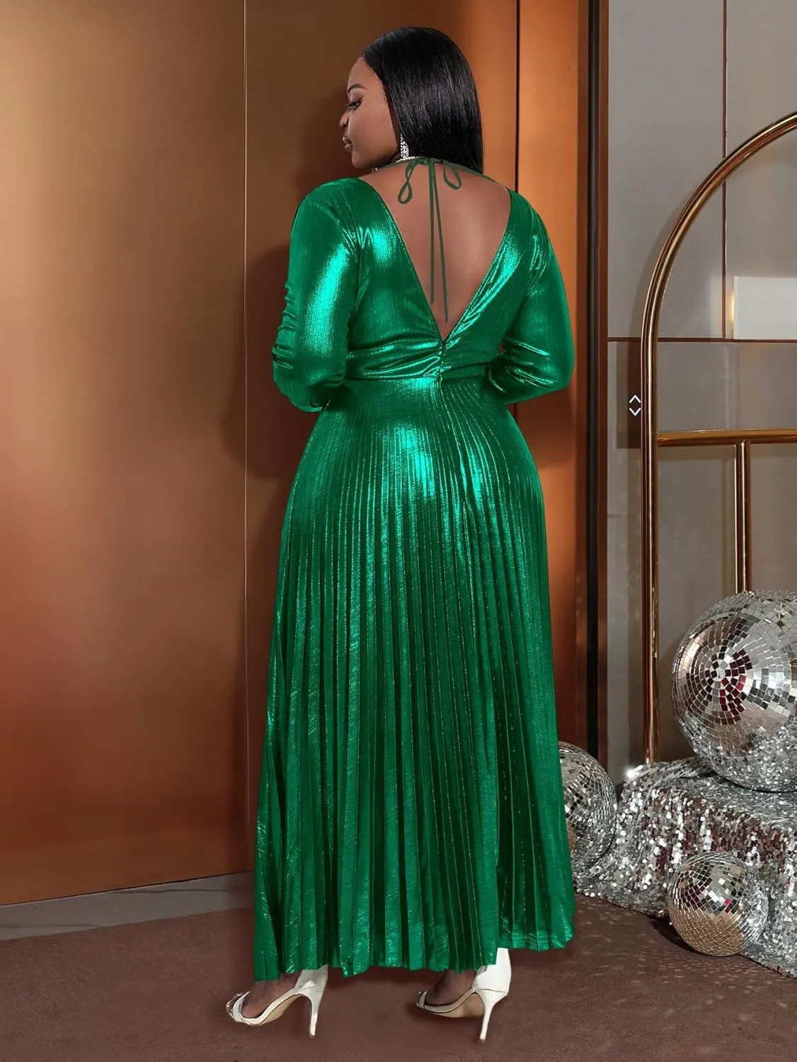 Maxi vine plaudit estimate presage character Dress AOMEI Women's Luxury Metallic V Neck Long Sleeve Elegant Pleated 