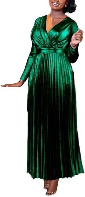 Maxi vine plaudit estimate presage character Dress AOMEI Women's Luxury Metallic V Neck Long Sleeve Elegant Pleated 