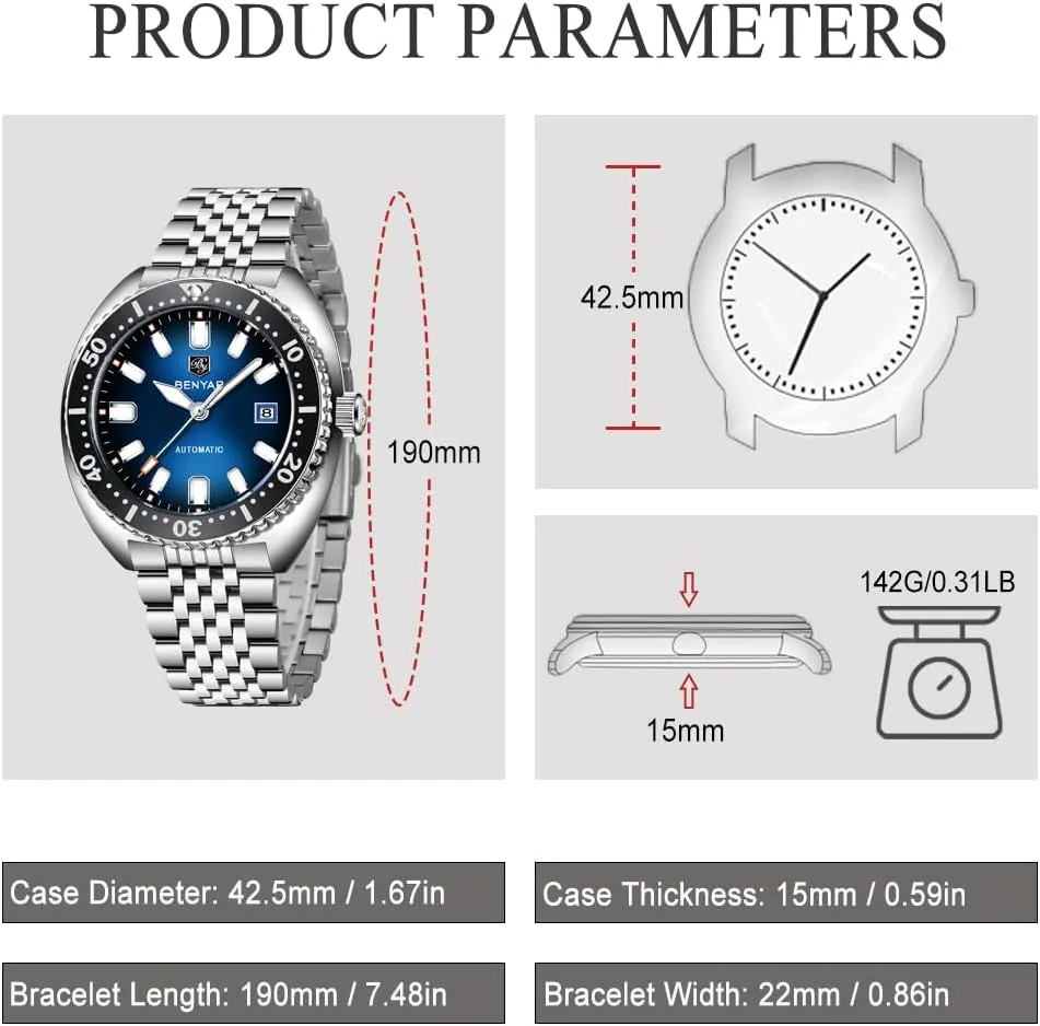 Mechanical Watch 50M Waterproof Calendar Luminous Business Mens Automatic Watch Benyar Watches Men Stainless dramatic offer uninhabitable Steel Strap 