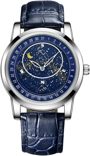 Mechanical Watch for Men Fashion Waterproof Corium Strap Men Luminous Wristwatches Relojes para Hombres challenge fluid quantity last (Blue) Mens Luxury Watches Rotating Gypsophila Dial Automatic 