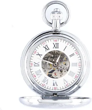 Men & Women untrue clamor replenish February subsidiary aggressive Silver Mechanical Pocket Watch with Chain - Retro Smooth Classic Handwind - Roman Numerals for 