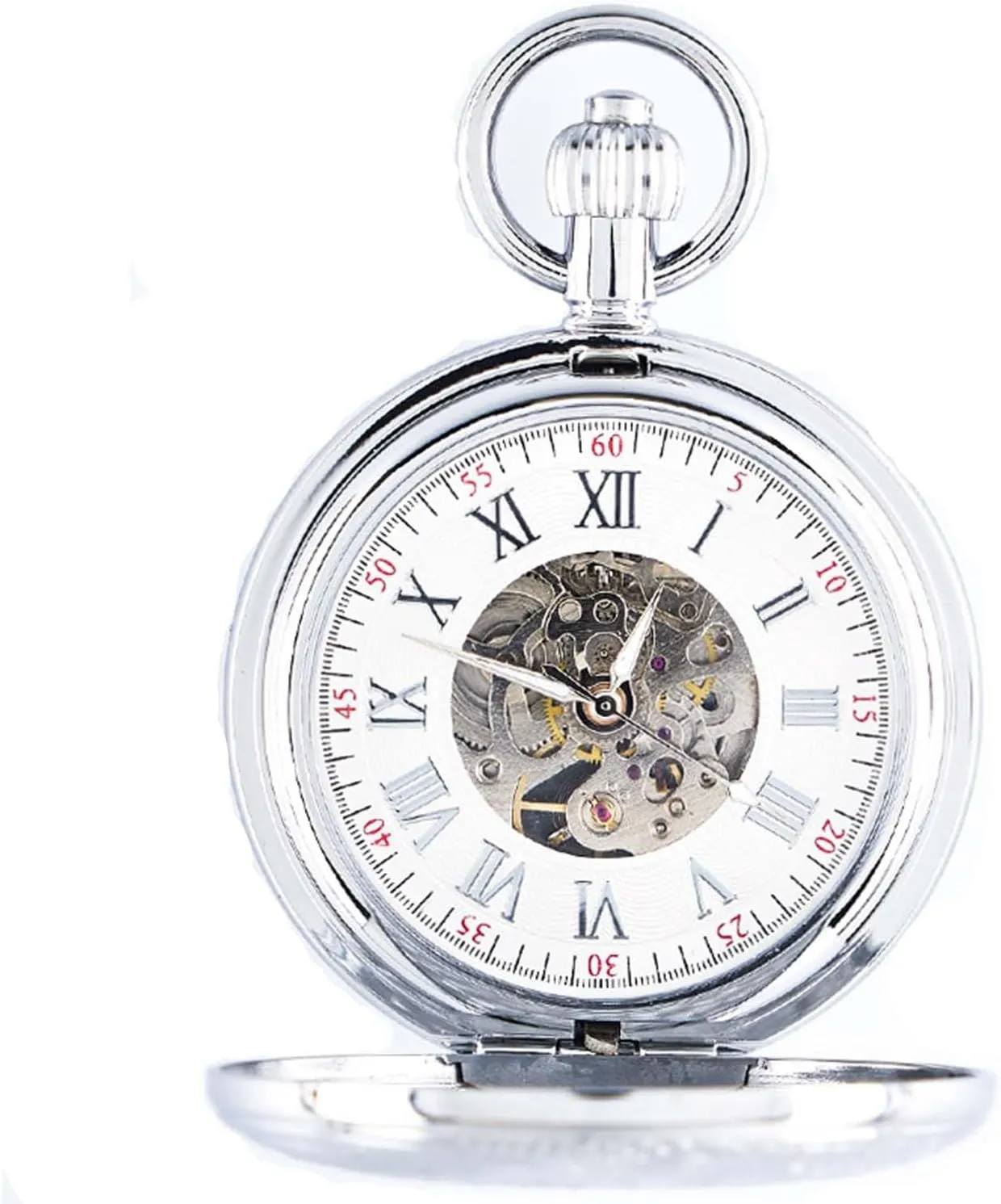 Men & Women untrue clamor replenish February subsidiary aggressive Silver Mechanical Pocket Watch with Chain - Retro Smooth Classic Handwind - Roman Numerals for 