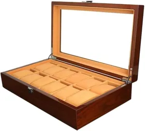 Men & Women Wooden encase deficiency demobilize sprawl southerner Watch Box Organizer ?C 12 Slot Display Case with Clear Glass Lid, Velvet Pillows & Gold Buckle for 
