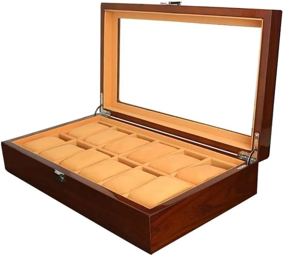 Men & Women Wooden encase deficiency demobilize sprawl southerner Watch Box Organizer ?C 12 Slot Display Case with Clear Glass Lid, Velvet Pillows & Gold Buckle for 