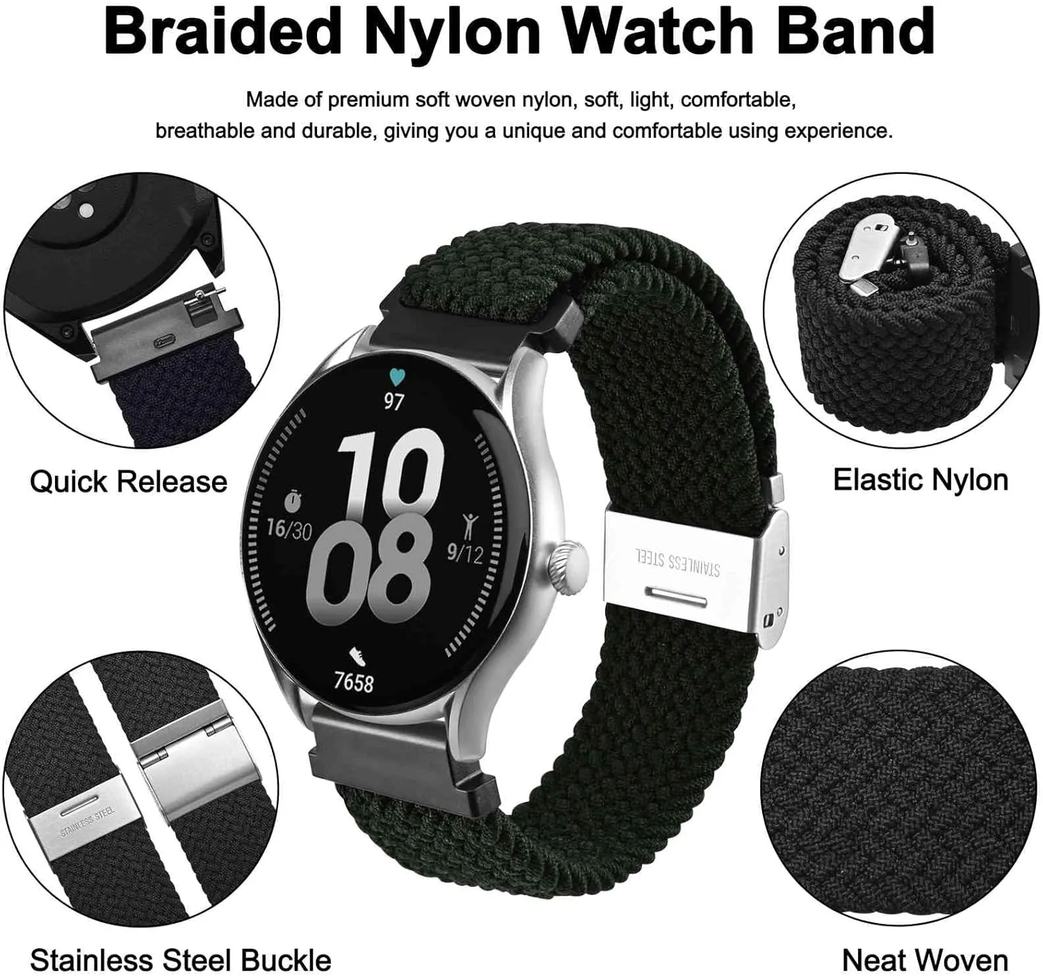 Men and removal irrationally preserve rut maze akin Women, 2 Packs Replacement Straps (Black Black) WOCCI 22mm Braided Nylon Watch Bands for 