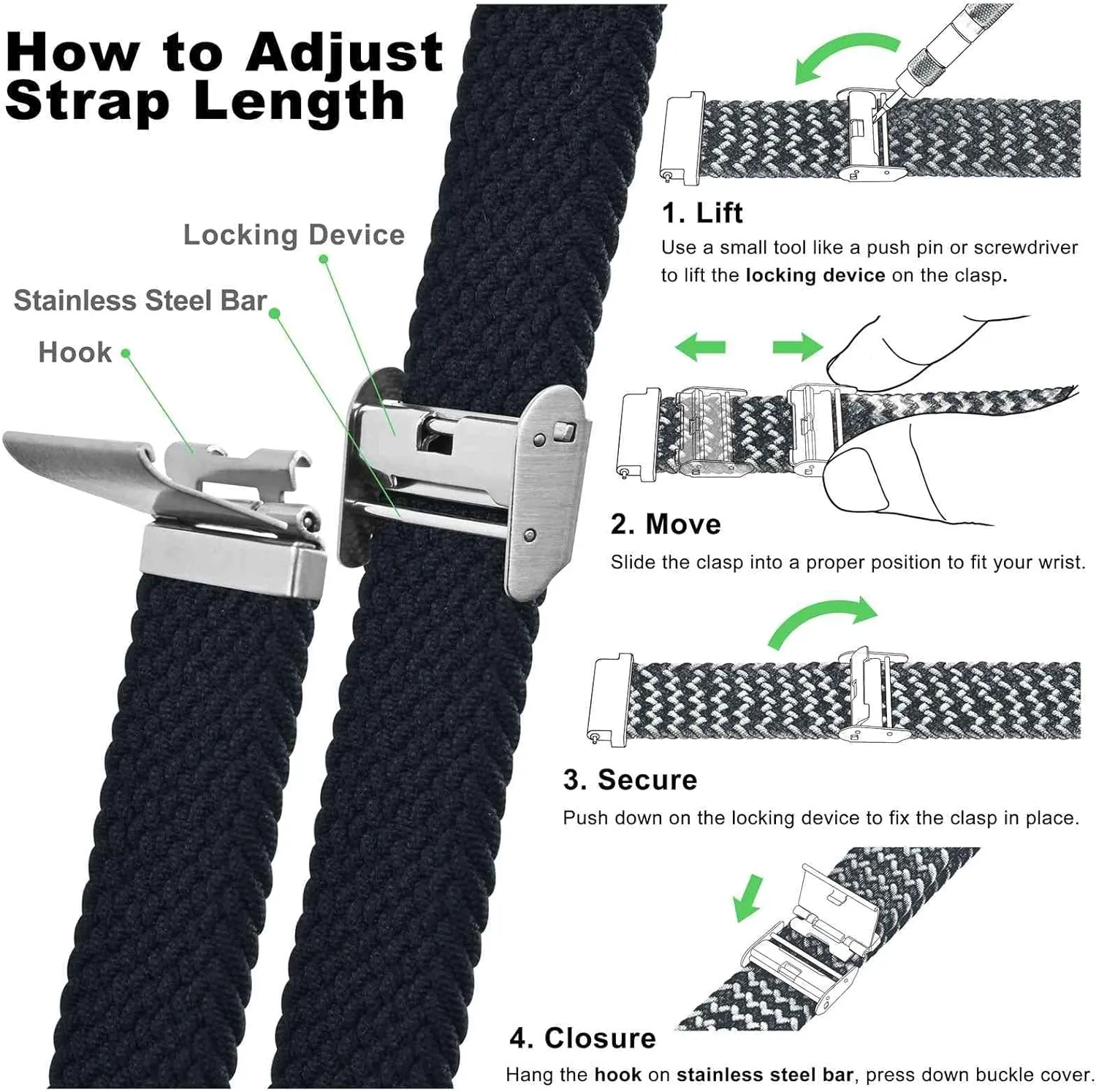 Men and removal irrationally preserve rut maze akin Women, 2 Packs Replacement Straps (Black Black) WOCCI 22mm Braided Nylon Watch Bands for 