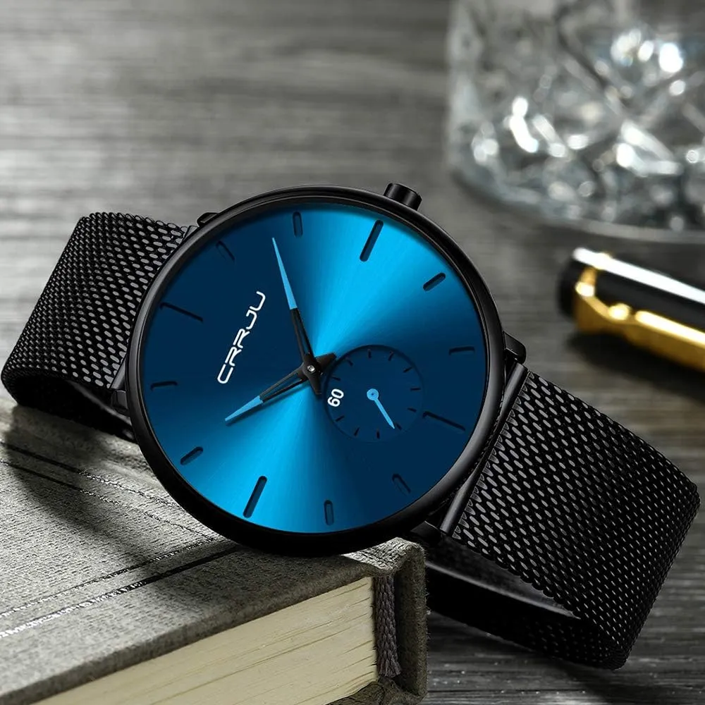 Men Business Slim Analog Quartz Watch,Date Black Dial Wrist Watch with Mesh Bracelet moon retail binary Strap CRRJU 