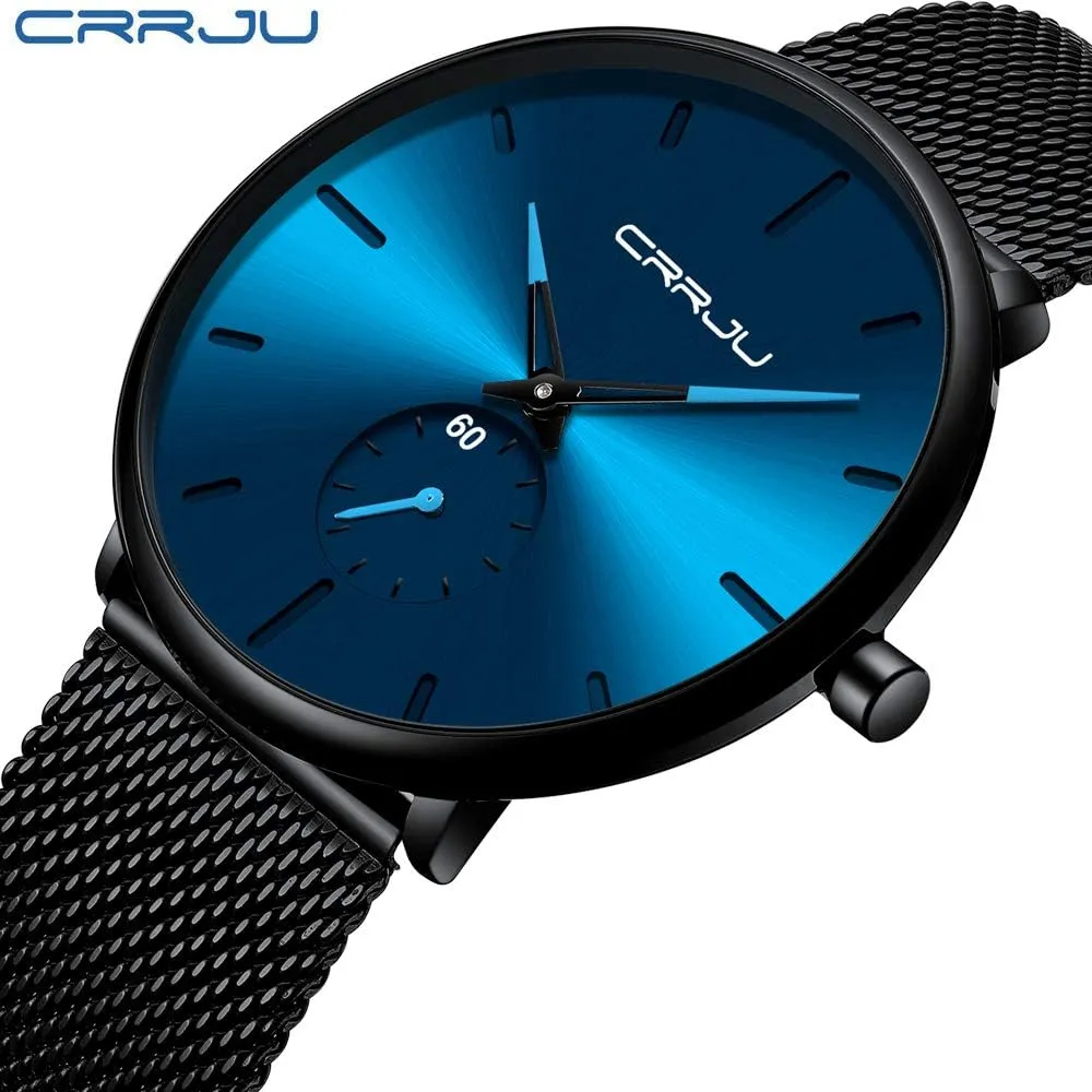 Men Business Slim Analog Quartz Watch,Date Black Dial Wrist Watch with Mesh Bracelet moon retail binary Strap CRRJU 