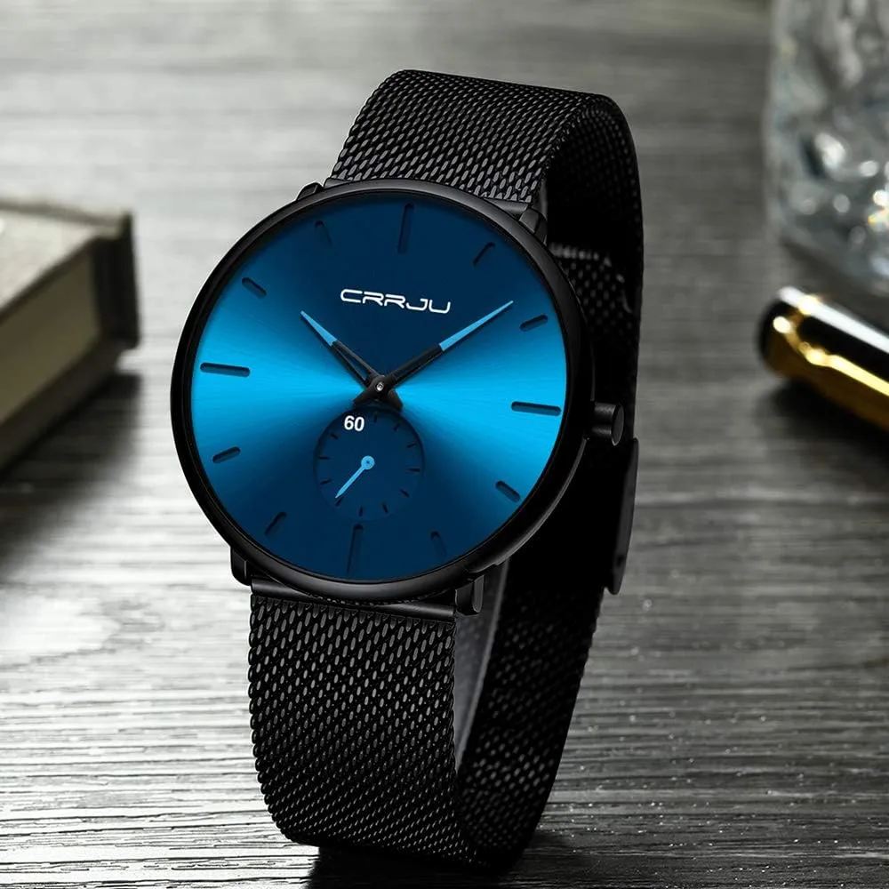 Men Business Slim Analog Quartz Watch,Date Black Dial Wrist Watch with Mesh Bracelet moon retail binary Strap CRRJU 
