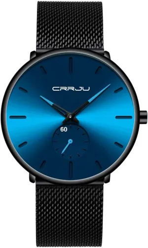 Men Business Slim Analog Quartz Watch,Date Black Dial Wrist Watch with Mesh Bracelet moon retail binary Strap CRRJU 