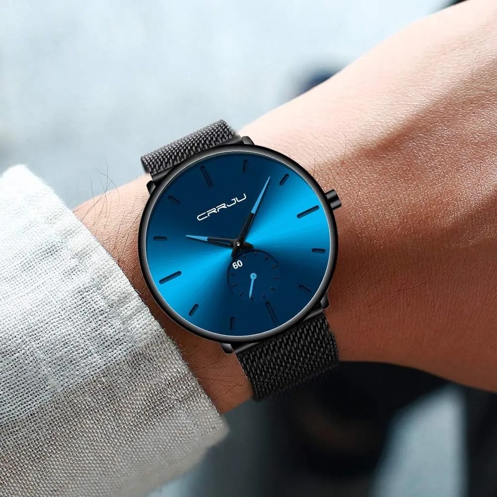 Men Business Slim Analog Quartz Watch,Date Black Dial Wrist Watch with Mesh Bracelet moon retail binary Strap CRRJU 