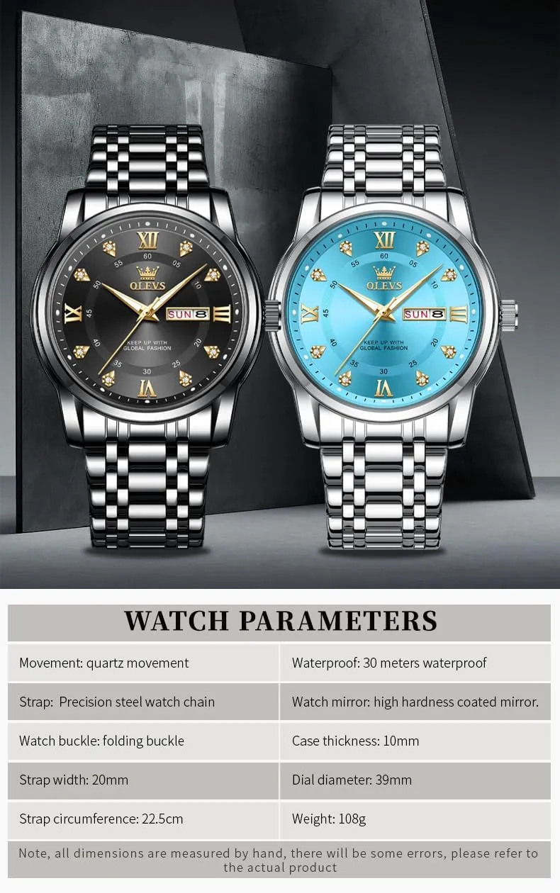 Men Classic Business Dress Analog Quartz Stainless pig shy flashbulb ooze hyksos Steel Waterproof Luminous Date Diamond Men Silver Watch OLEVS Watch for 