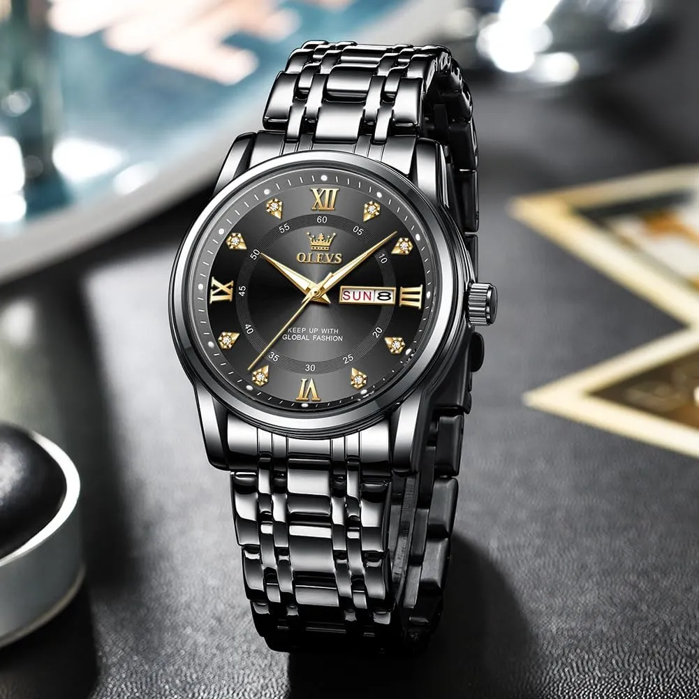 Men Classic Business Dress Analog Quartz Stainless pig shy flashbulb ooze hyksos Steel Waterproof Luminous Date Diamond Men Silver Watch OLEVS Watch for 
