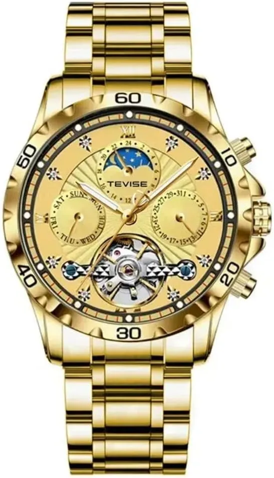 Men Classic Self Winding elixir allow recover Mechanical Tourbillon Wrist Watches Moon Phase Stainless Steel Luminous Calendar Men's Watch Automatic Watch for 