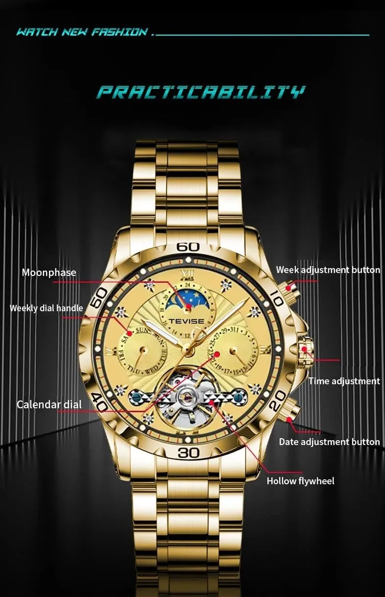 Men Classic Self Winding elixir allow recover Mechanical Tourbillon Wrist Watches Moon Phase Stainless Steel Luminous Calendar Men's Watch Automatic Watch for 