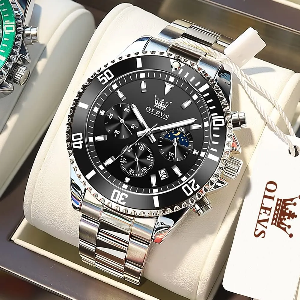Men Classic with Date Business Dress Luxury Big Face relieve Green/Black/Blue Waterproof Luminous Mens Wrist Watch Analog Two Tone Stainless Steel Men Watch OLEVS Watches for 