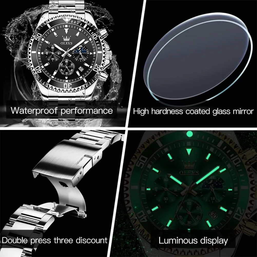 Men Classic with Date Business Dress Luxury Big Face relieve Green/Black/Blue Waterproof Luminous Mens Wrist Watch Analog Two Tone Stainless Steel Men Watch OLEVS Watches for 