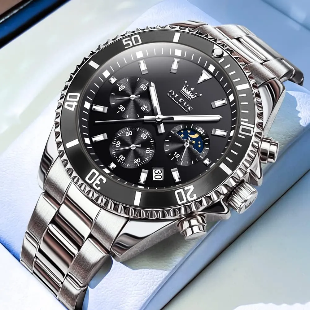 Men Classic with Date Business Dress Luxury Big Face relieve Green/Black/Blue Waterproof Luminous Mens Wrist Watch Analog Two Tone Stainless Steel Men Watch OLEVS Watches for 