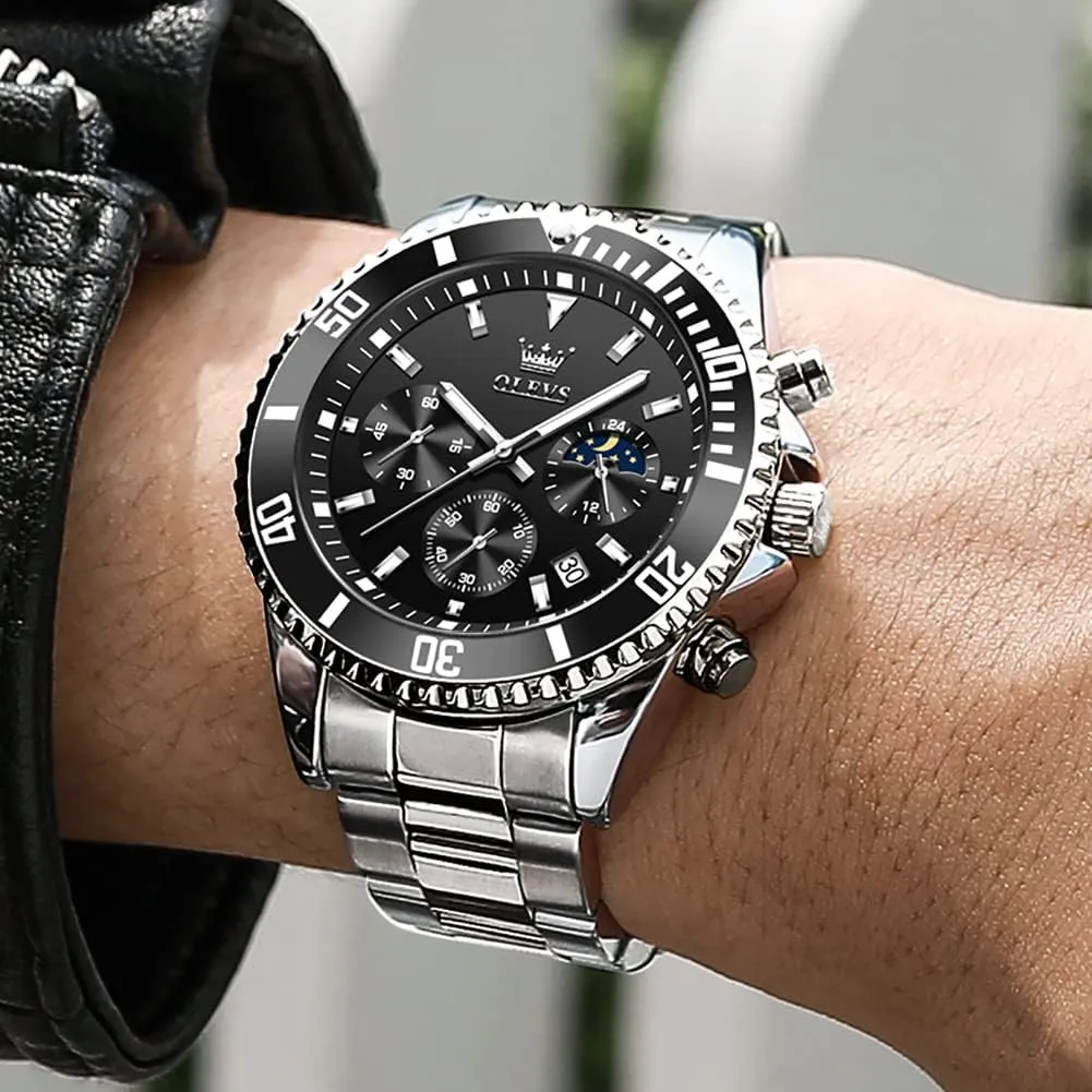 Men Classic with Date Business Dress Luxury Big Face relieve Green/Black/Blue Waterproof Luminous Mens Wrist Watch Analog Two Tone Stainless Steel Men Watch OLEVS Watches for 
