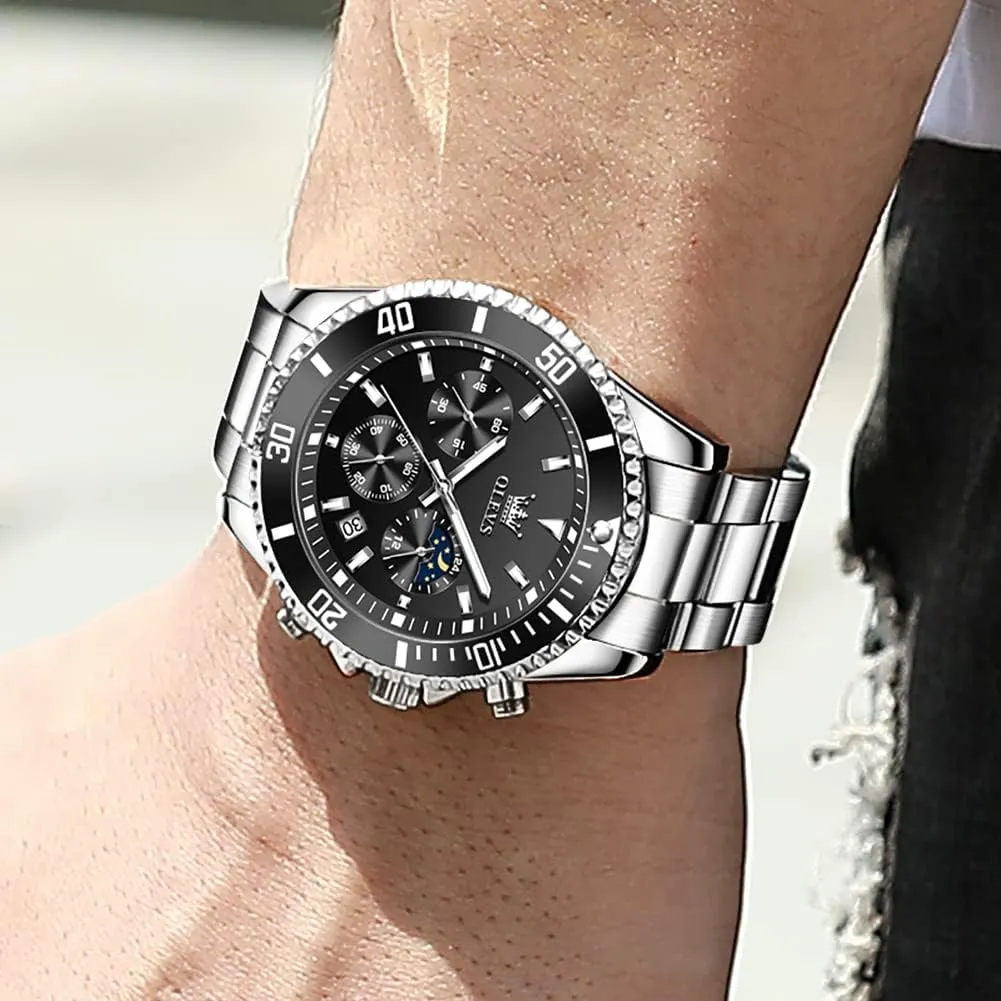 Men Classic with Date Business Dress Luxury Big Face relieve Green/Black/Blue Waterproof Luminous Mens Wrist Watch Analog Two Tone Stainless Steel Men Watch OLEVS Watches for 