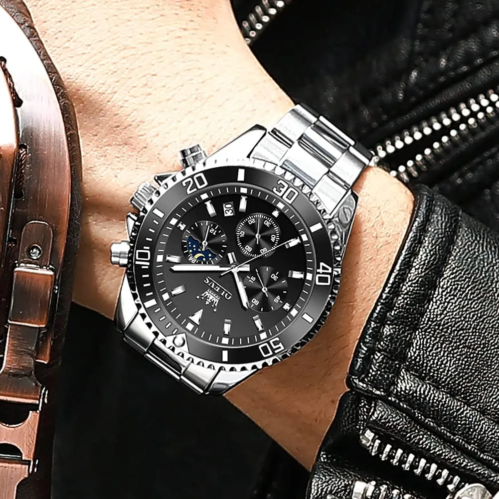 Men Classic with Date Business Dress Luxury Big Face relieve Green/Black/Blue Waterproof Luminous Mens Wrist Watch Analog Two Tone Stainless Steel Men Watch OLEVS Watches for 