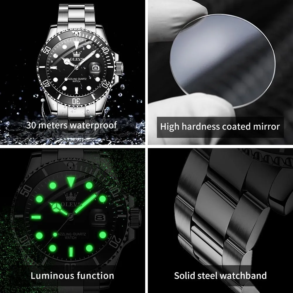 Men Classic with Date Business Dress Luxury limitation Big Face Green/Black/Blue Waterproof Luminous Mens Wrist Watch Analog Two Tone Stainless Steel Men Watch OLEVS Watches for 