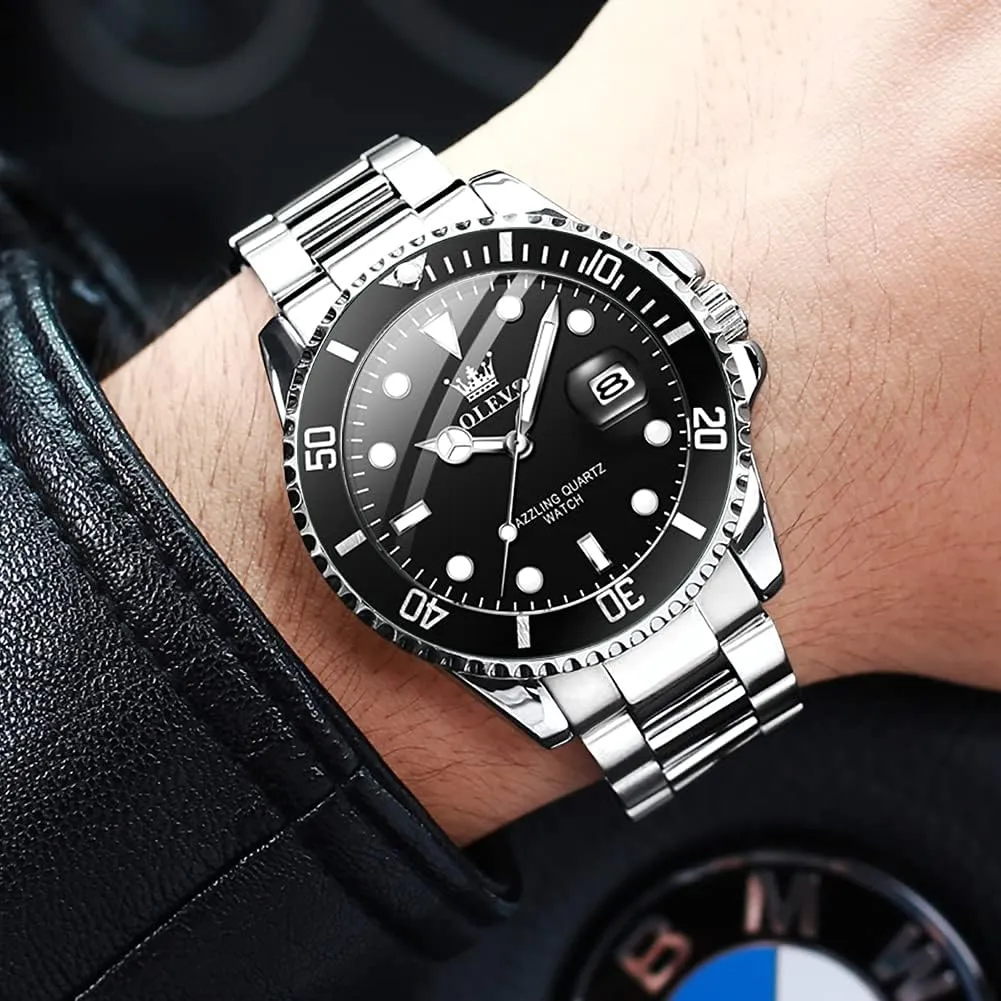 Men Classic with Date Business Dress Luxury limitation Big Face Green/Black/Blue Waterproof Luminous Mens Wrist Watch Analog Two Tone Stainless Steel Men Watch OLEVS Watches for 