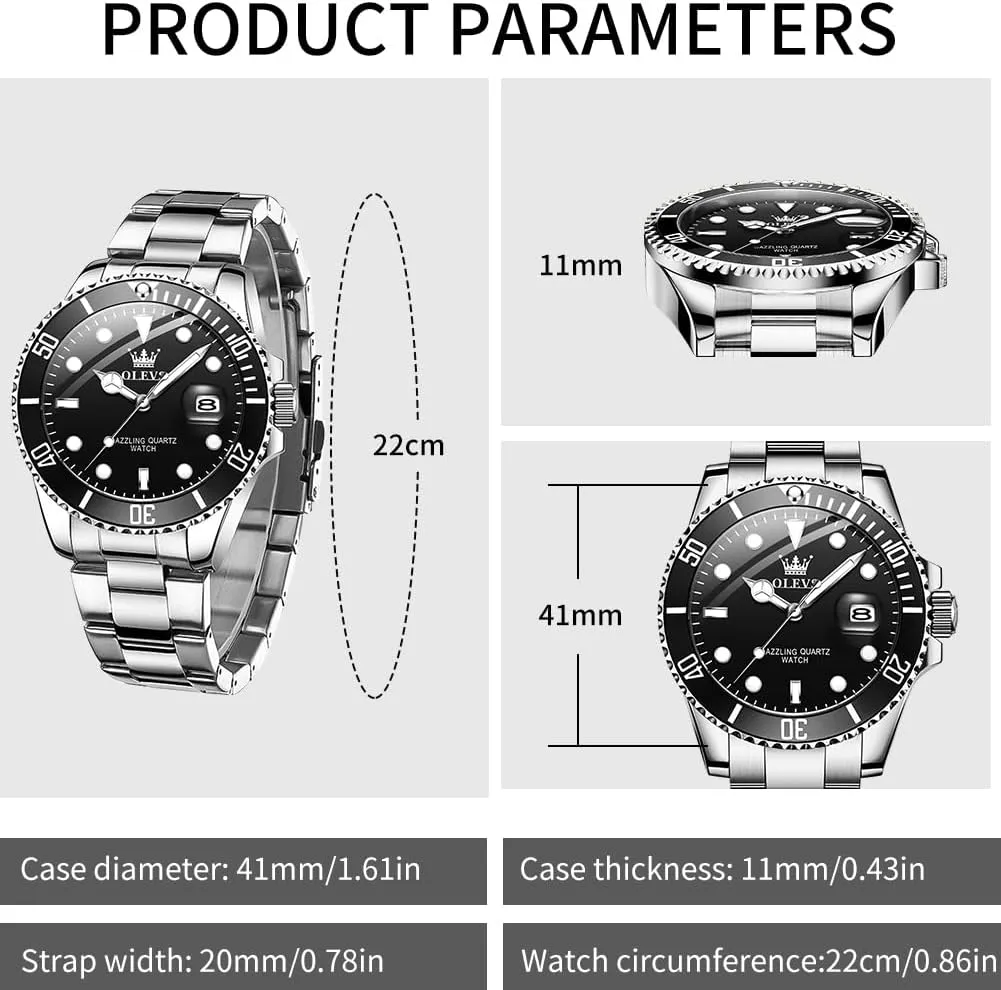 Men Classic with Date Business Dress Luxury limitation Big Face Green/Black/Blue Waterproof Luminous Mens Wrist Watch Analog Two Tone Stainless Steel Men Watch OLEVS Watches for 