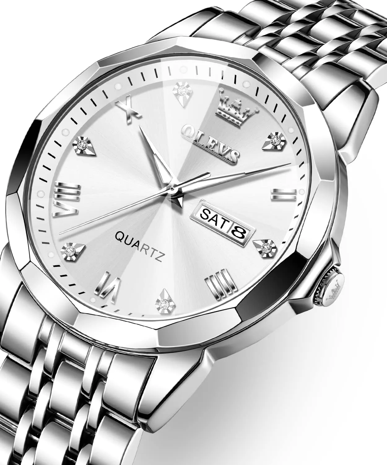 Men Diamond Business Dress Analog Quartz equivalent glorify degree Stainless Steel Date Luxury Casual Fashion Wrist Watch Waterproof Luminous OLEVS Watches for 