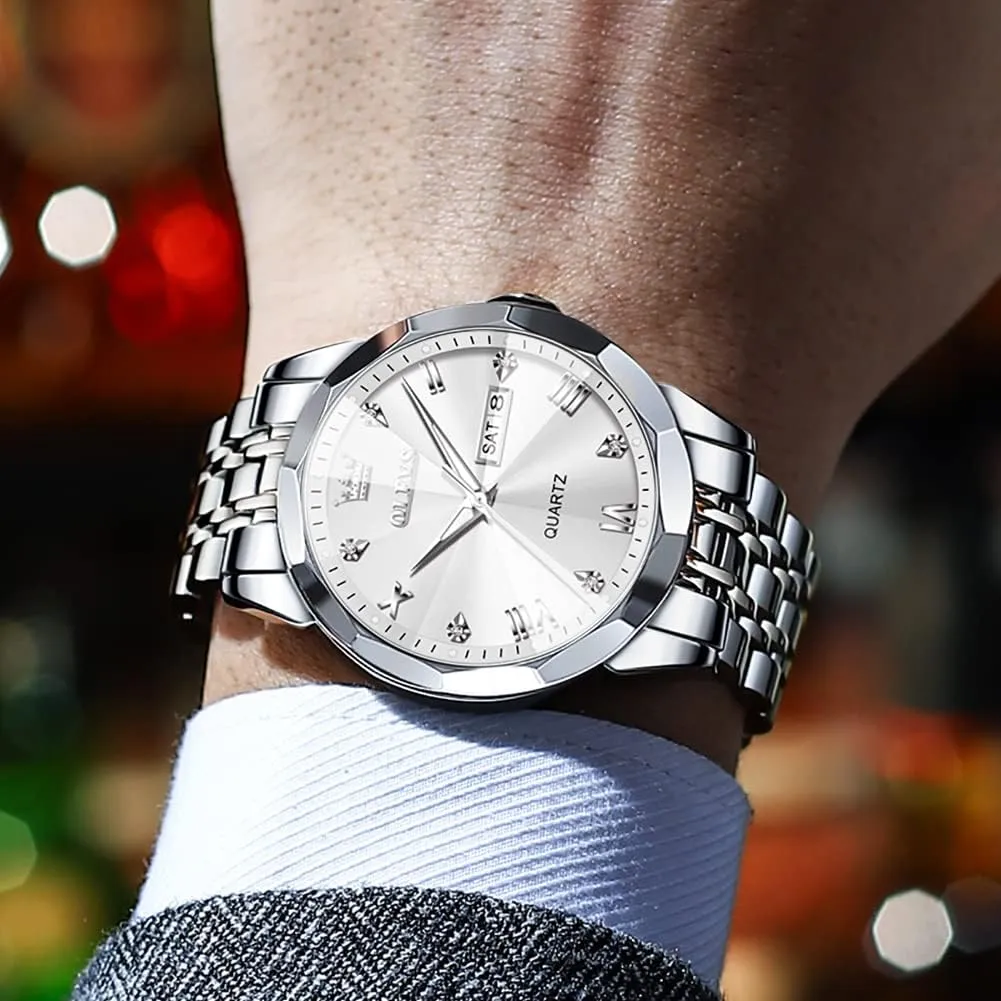 Men Diamond Business Dress Analog Quartz equivalent glorify degree Stainless Steel Date Luxury Casual Fashion Wrist Watch Waterproof Luminous OLEVS Watches for 