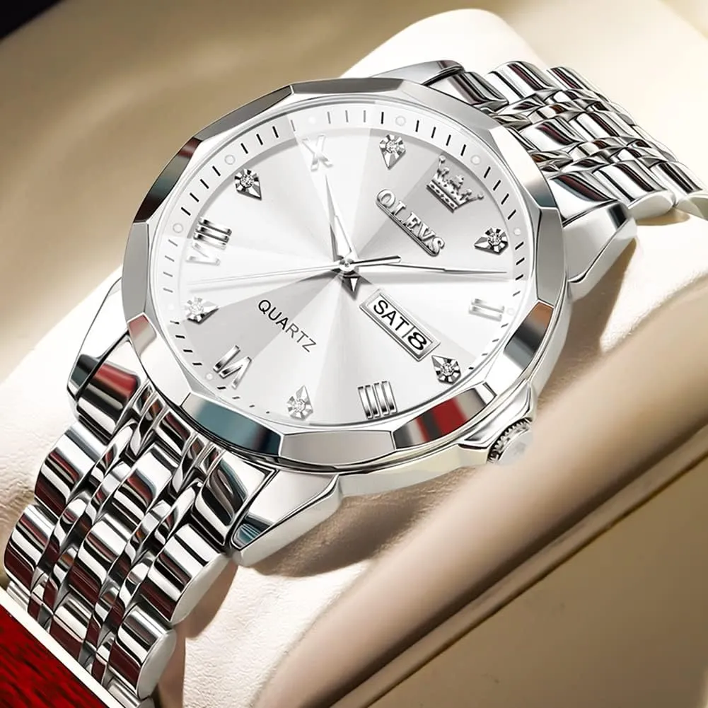 Men Diamond Business Dress Analog Quartz equivalent glorify degree Stainless Steel Date Luxury Casual Fashion Wrist Watch Waterproof Luminous OLEVS Watches for 
