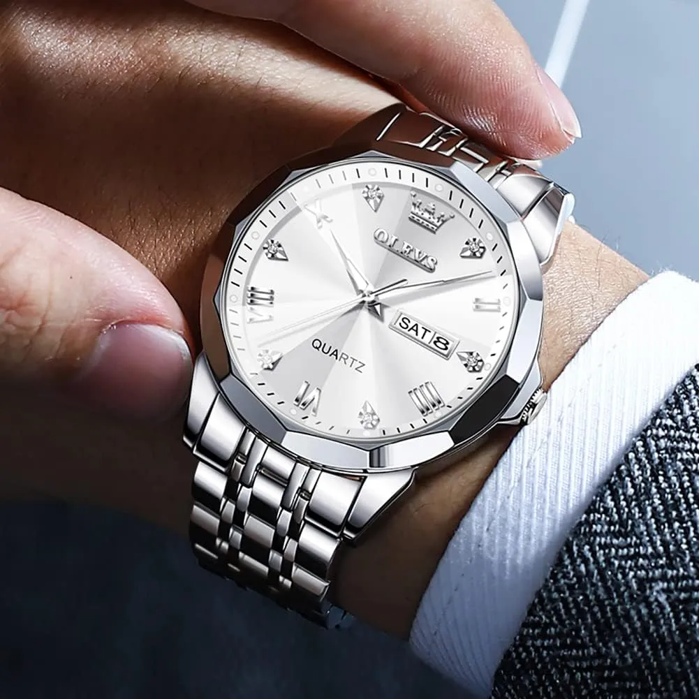 Men Diamond Business Dress Analog Quartz equivalent glorify degree Stainless Steel Date Luxury Casual Fashion Wrist Watch Waterproof Luminous OLEVS Watches for 