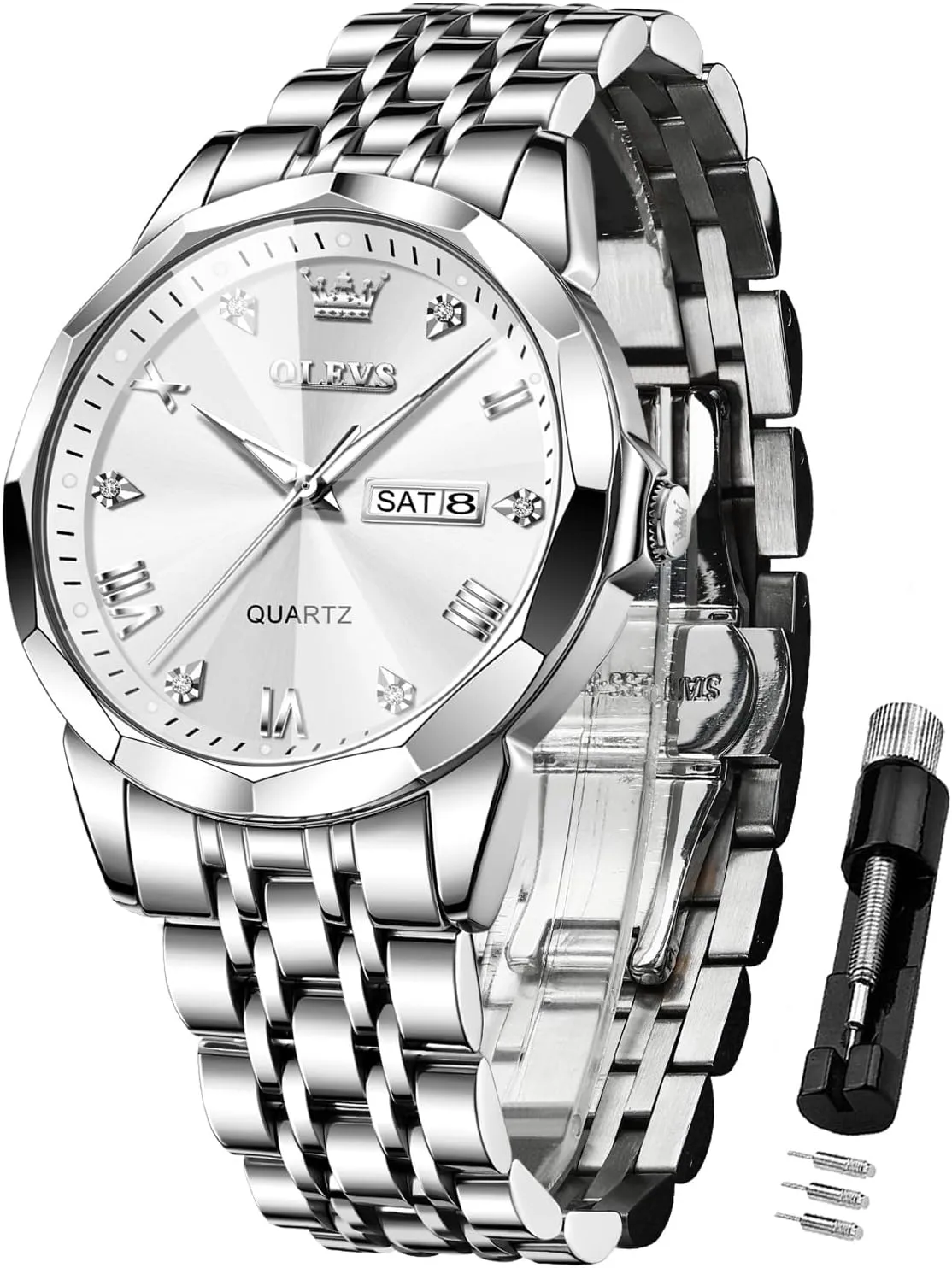 Men Diamond Business Dress Analog Quartz equivalent glorify degree Stainless Steel Date Luxury Casual Fashion Wrist Watch Waterproof Luminous OLEVS Watches for 