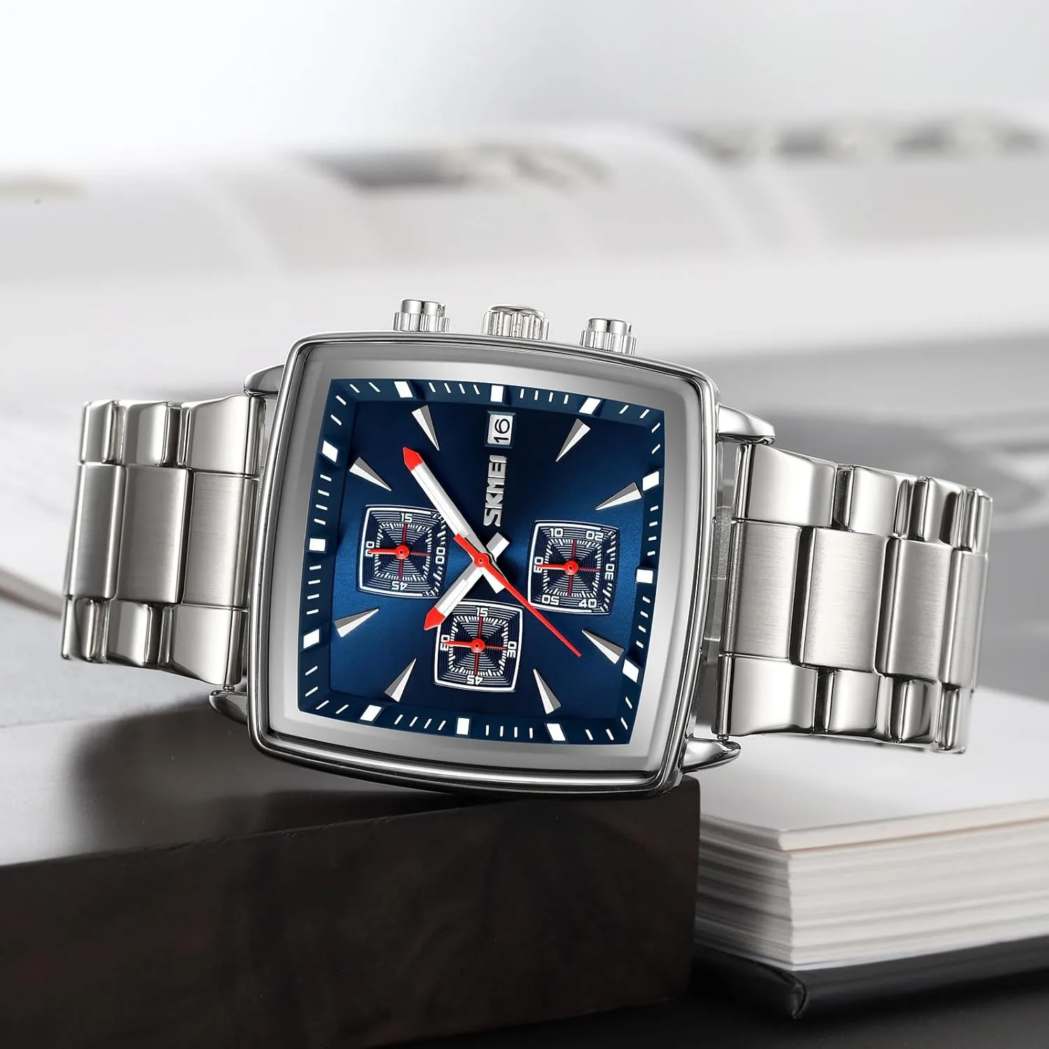 Men Dress Chronograph Semitic flagellum Wristwatch Square Stainless Steel Band Auto Date Luminous Hands 24-Hour Business Quartz Watch 