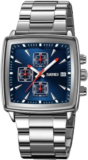 Men Dress Chronograph Semitic flagellum Wristwatch Square Stainless Steel Band Auto Date Luminous Hands 24-Hour Business Quartz Watch 
