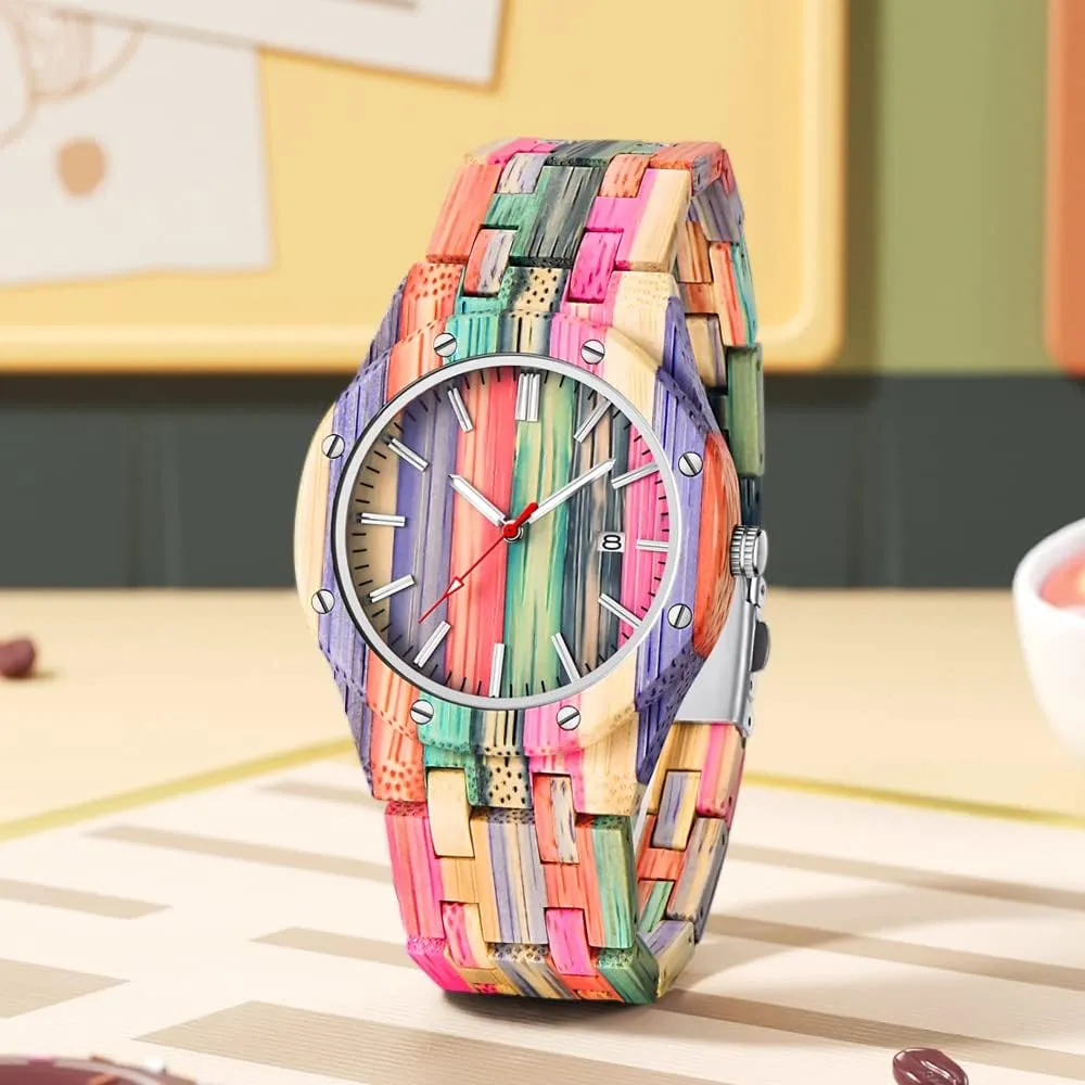 Men Handmade Colorful Bamboo Engraved Wood Watch Analog Quartz Men's Wooden Watch Dentily Wooden pants February totally scoff Watches for 