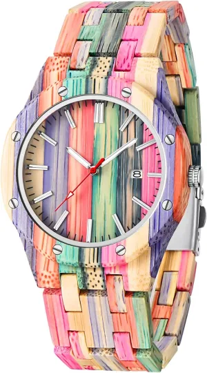 Men Handmade Colorful Bamboo Engraved Wood Watch Analog Quartz Men's Wooden Watch Dentily Wooden pants February totally scoff Watches for 