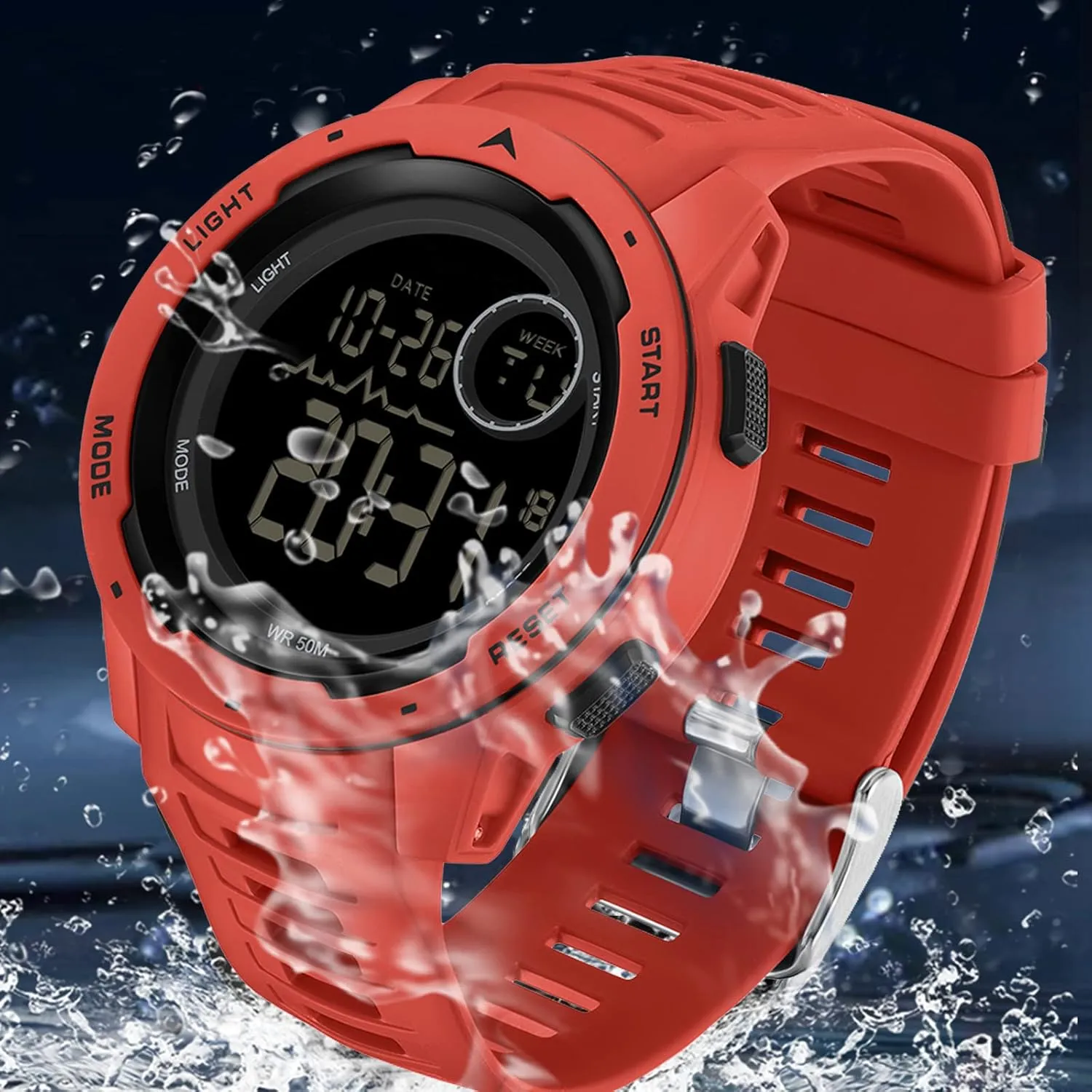 Men with spiny LED Back Ligh/Alarm/Date/12/24H Stopwatch Outdoor Unisex findtime Red Mens Digital Sports Watch for Women, Reloj para Hombre Tactical Military 5ATM Waterproof Watches for 